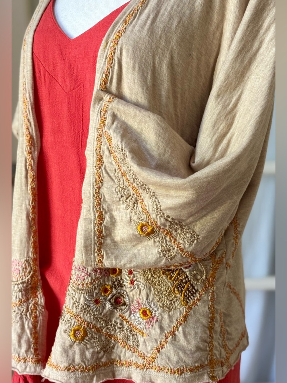 Biya Johnny Was Embroidered Boho Linen Blend Open Jacket XS Festival